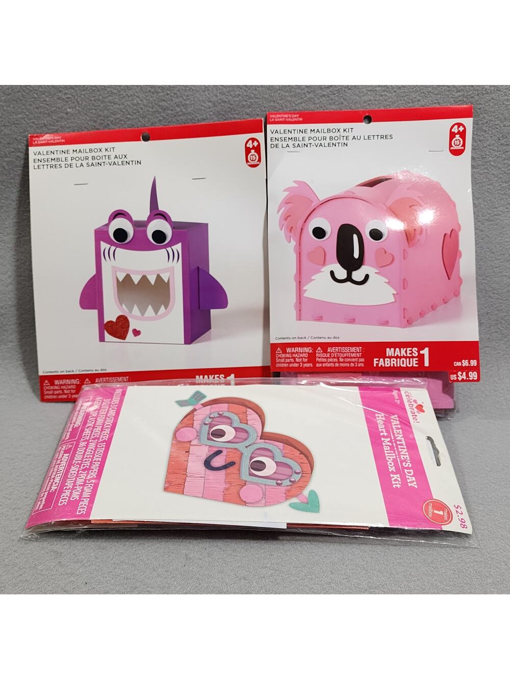 Valentine Mailbox Kits x3 Purple Shark, Pink Dog, Red Heart - New Sealed Packs